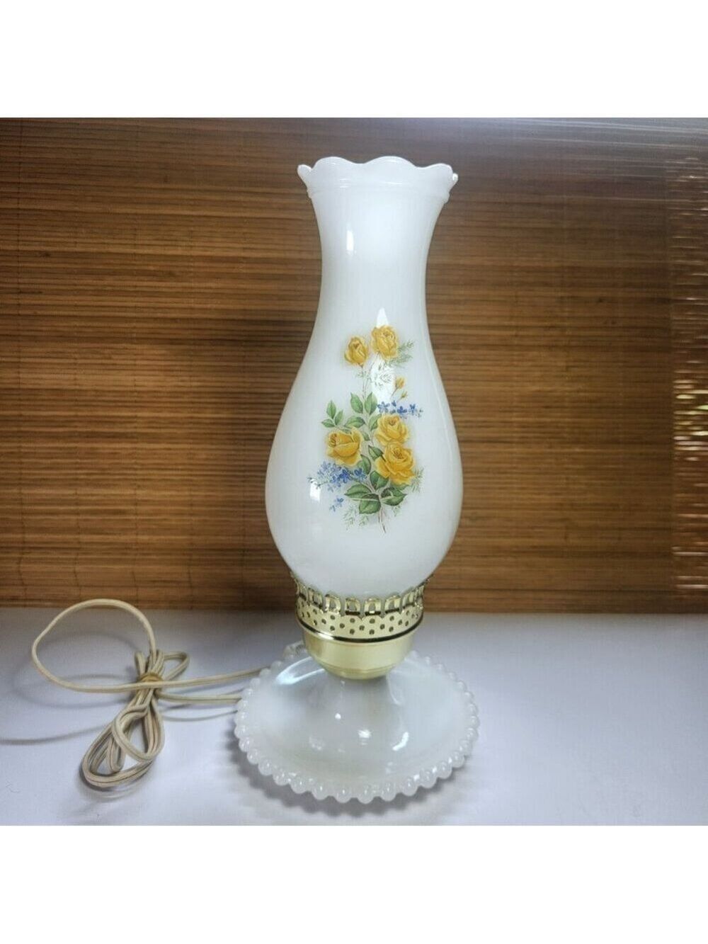 Hurricane Lamp Vintage Electric White Milk Glass Floral Tabletop or Bedside Lamp